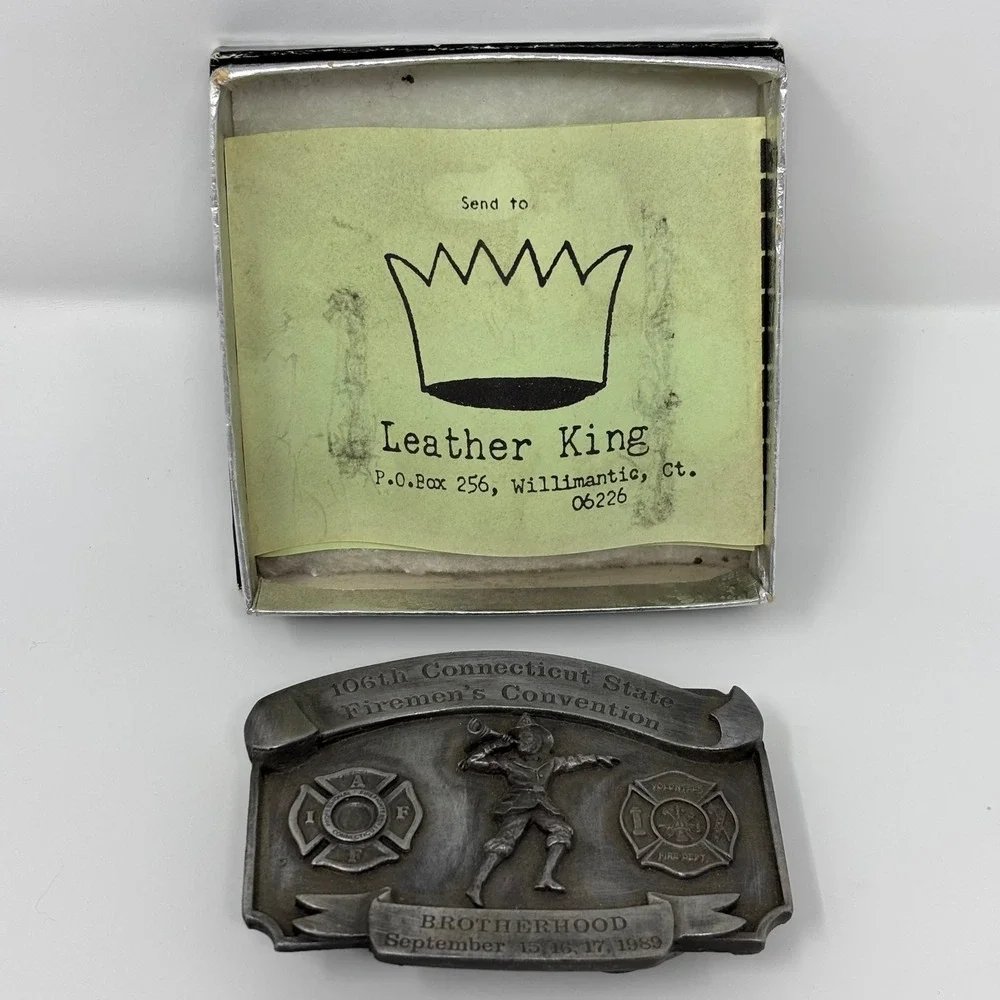 Leather King 106th Connecticut State Fireman's Convention Belt Buckle 1989 #453